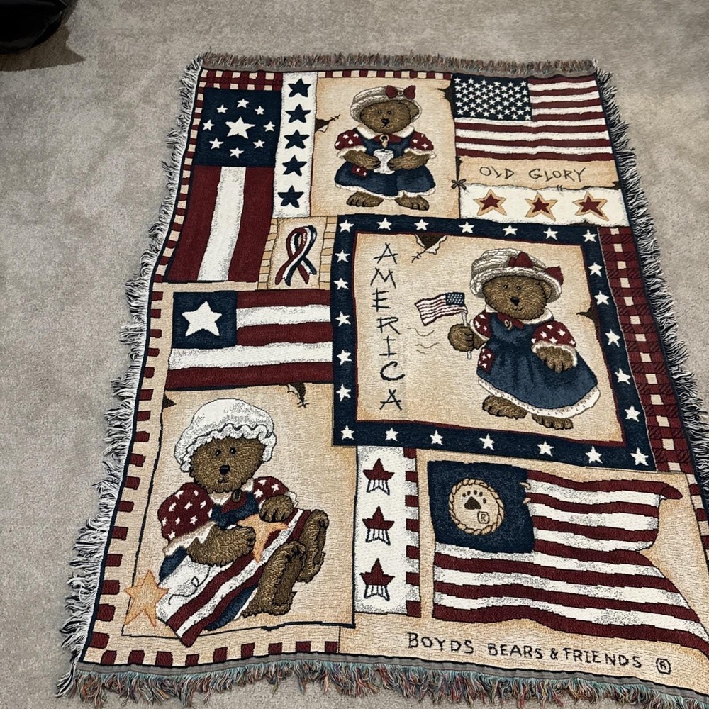VTG Boyds Bears &‎ Friends Tapestry Throw Blanket America Old Glory Teddy Bears